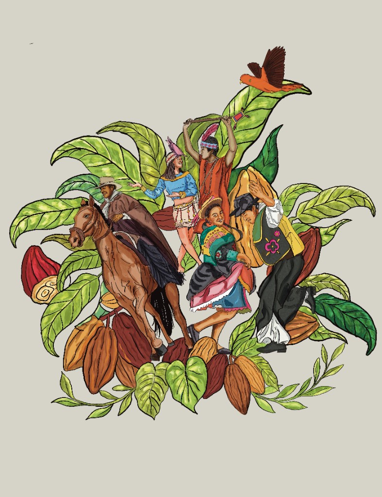 Ilustracion: hojas y frutos de cacao, personas con vestimenta tradicional peruana en actitud festiva, fondo claro beis.